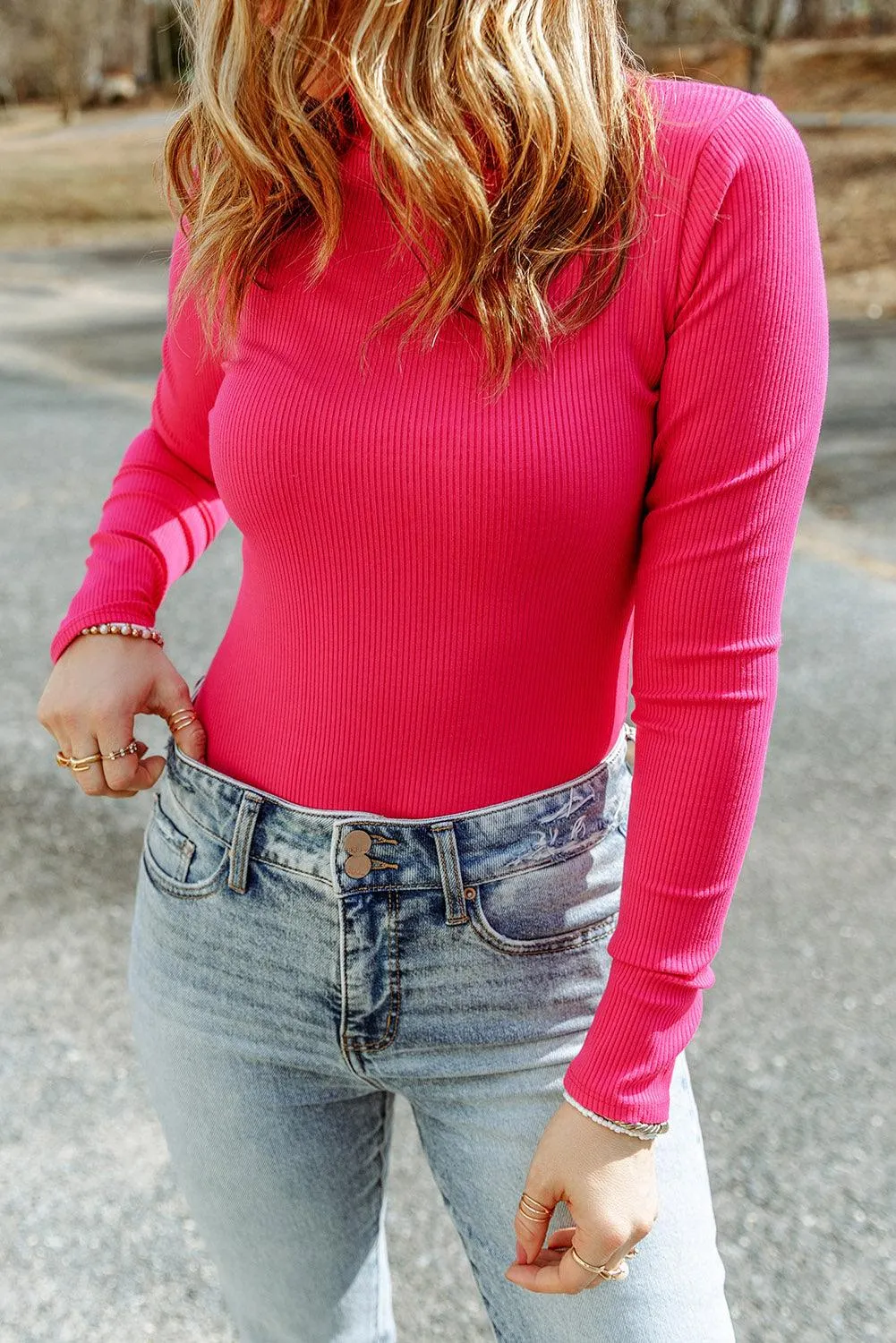 Khaki Ribbed Knit High Neck Long Sleeve Top