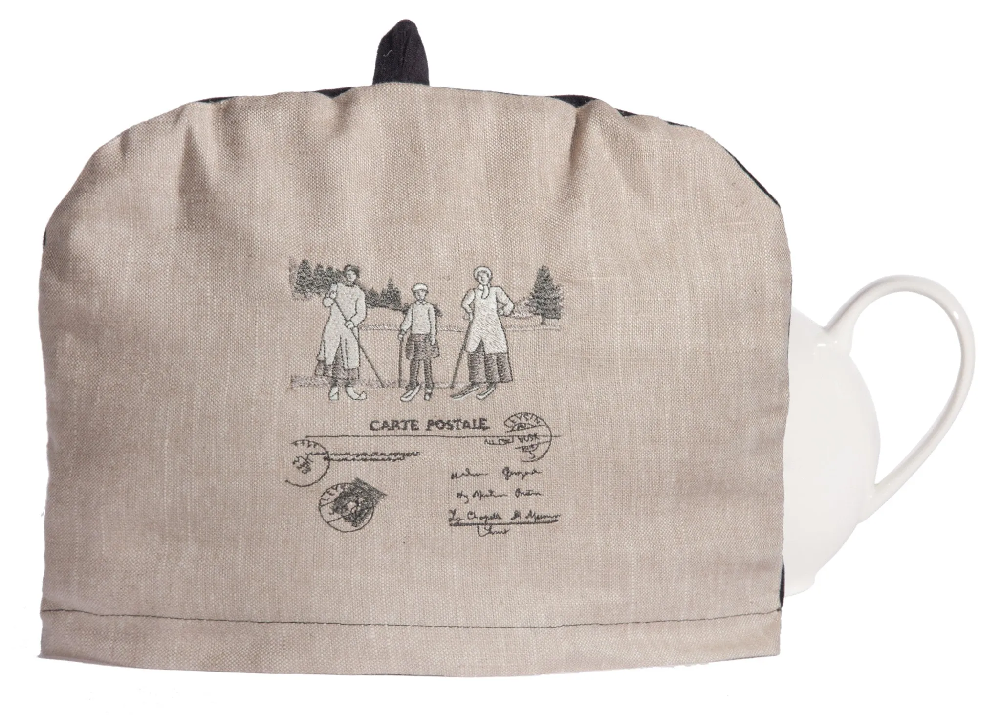 L724-1803 Country Style City Chic Tea Cozy with Removable with Scenes D'antan Vintage Skiers on a beautiful Nuetral Linen Proudly Manufactured in Canada