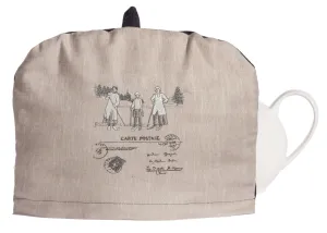 L724-1803 Country Style City Chic Tea Cozy with Removable with Scenes D'antan Vintage Skiers on a beautiful Nuetral Linen Proudly Manufactured in Canada