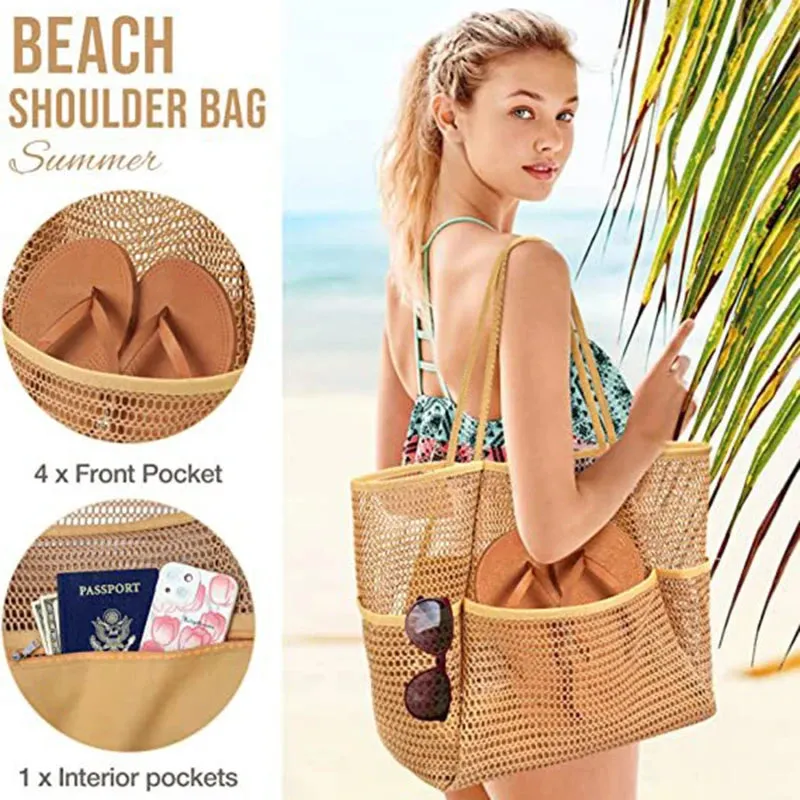 Lazy Mesh Beach Bag Multi Pockets Summer Beach Bag for Towels