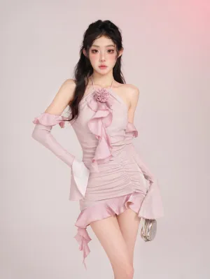 Lucia Romantic Pink Purple Ruffled Halter Neck Rose Short Dress