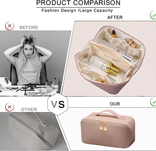 MLAY PU Travel Cosmetic Bag - Makeup Bag, Large Capacity Leather Waterproof Cosmetic Bags, Women Portable Travel Makeup Bag With Handle and Divider Flat Lay make up bag