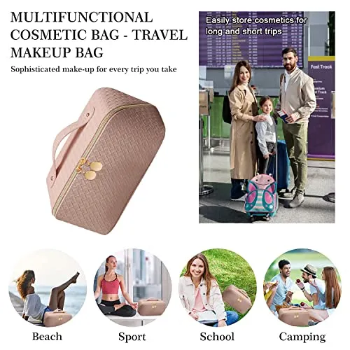 MLAY PU Travel Cosmetic Bag - Makeup Bag, Large Capacity Leather Waterproof Cosmetic Bags, Women Portable Travel Makeup Bag With Handle and Divider Flat Lay make up bag