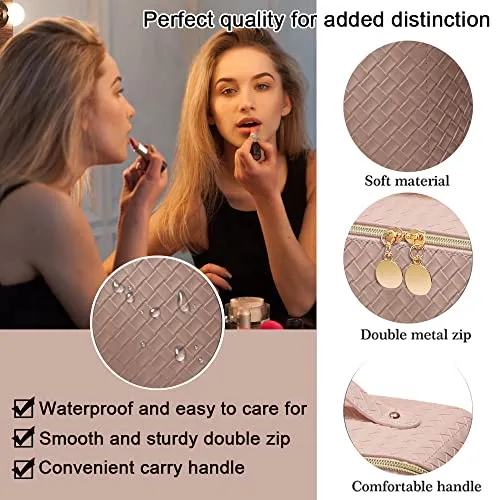 MLAY PU Travel Cosmetic Bag - Makeup Bag, Large Capacity Leather Waterproof Cosmetic Bags, Women Portable Travel Makeup Bag With Handle and Divider Flat Lay make up bag