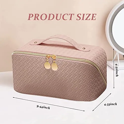 MLAY PU Travel Cosmetic Bag - Makeup Bag, Large Capacity Leather Waterproof Cosmetic Bags, Women Portable Travel Makeup Bag With Handle and Divider Flat Lay make up bag