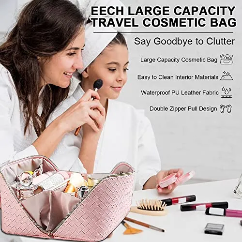 MLAY PU Travel Cosmetic Bag - Makeup Bag, Large Capacity Leather Waterproof Cosmetic Bags, Women Portable Travel Makeup Bag With Handle and Divider Flat Lay make up bag
