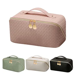 MLAY PU Travel Cosmetic Bag - Makeup Bag, Large Capacity Leather Waterproof Cosmetic Bags, Women Portable Travel Makeup Bag With Handle and Divider Flat Lay make up bag