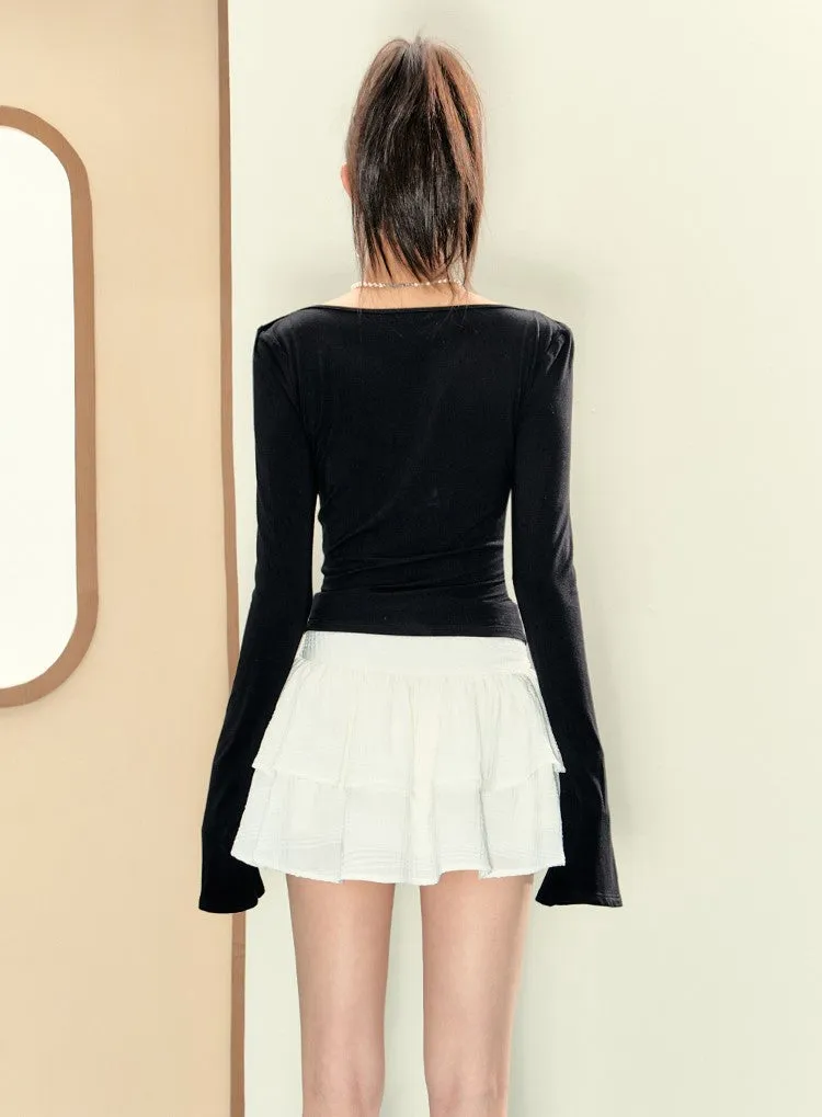 Monet Balletcore Chic Bow Long Sleeve Black Top & White Short Skirt Two Piece Set