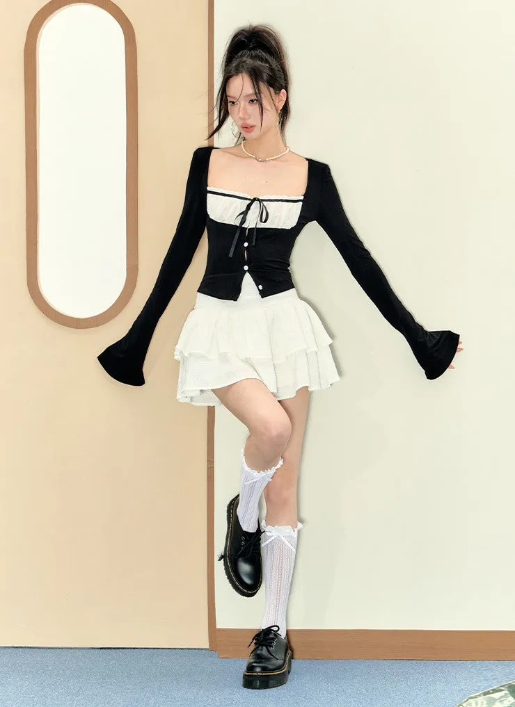 Monet Balletcore Chic Bow Long Sleeve Black Top & White Short Skirt Two Piece Set