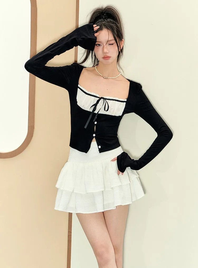 Monet Balletcore Chic Bow Long Sleeve Black Top & White Short Skirt Two Piece Set