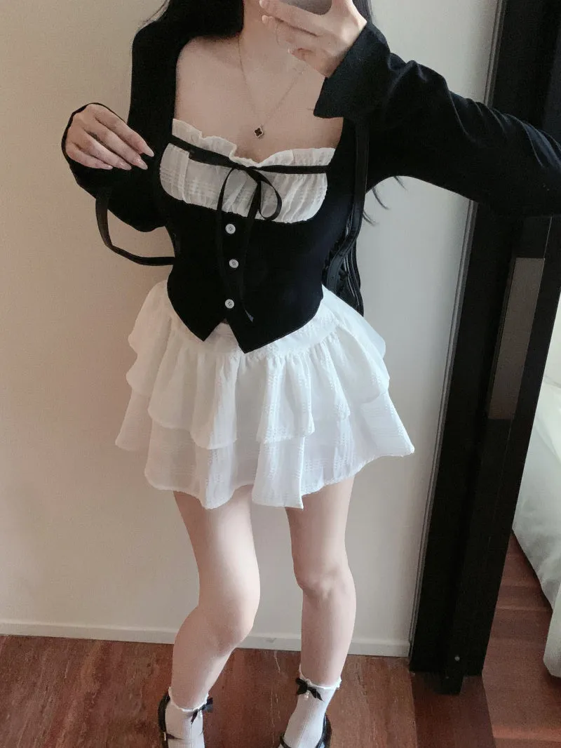 Monet Balletcore Chic Bow Long Sleeve Black Top & White Short Skirt Two Piece Set