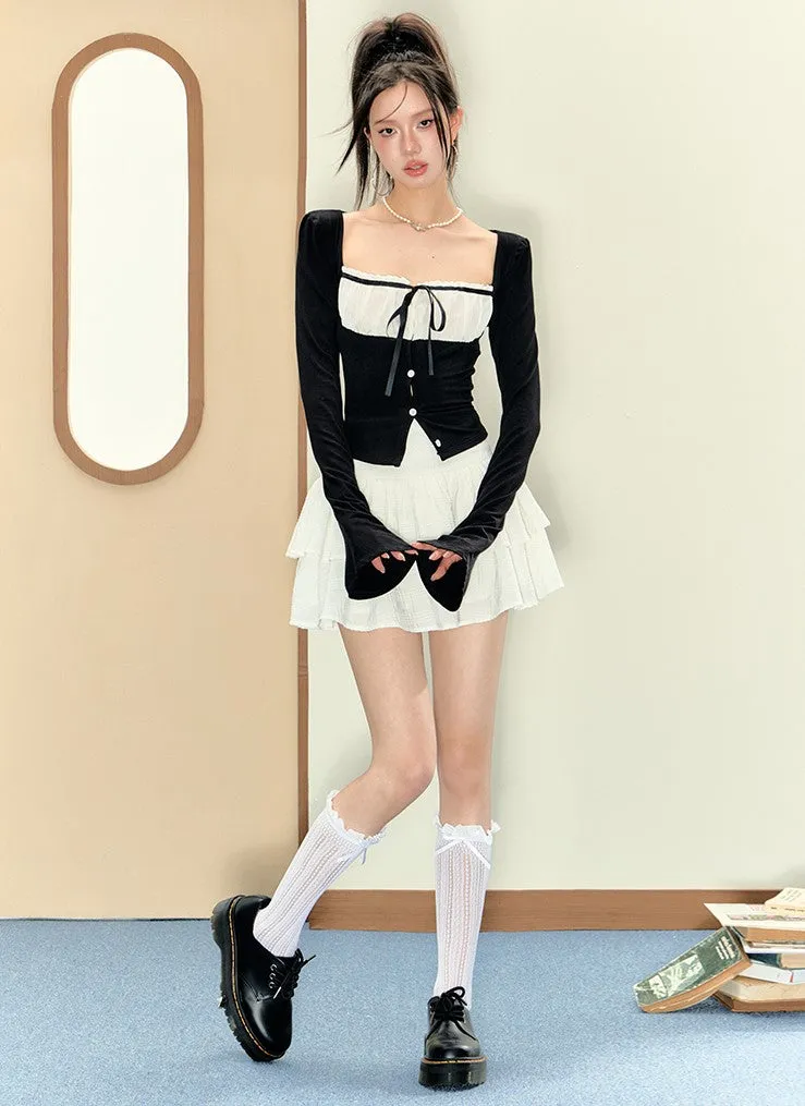Monet Balletcore Chic Bow Long Sleeve Black Top & White Short Skirt Two Piece Set
