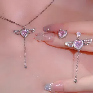 Moving Wings Pink Diamond Heart Gift Earrings Necklaces Pendants Set