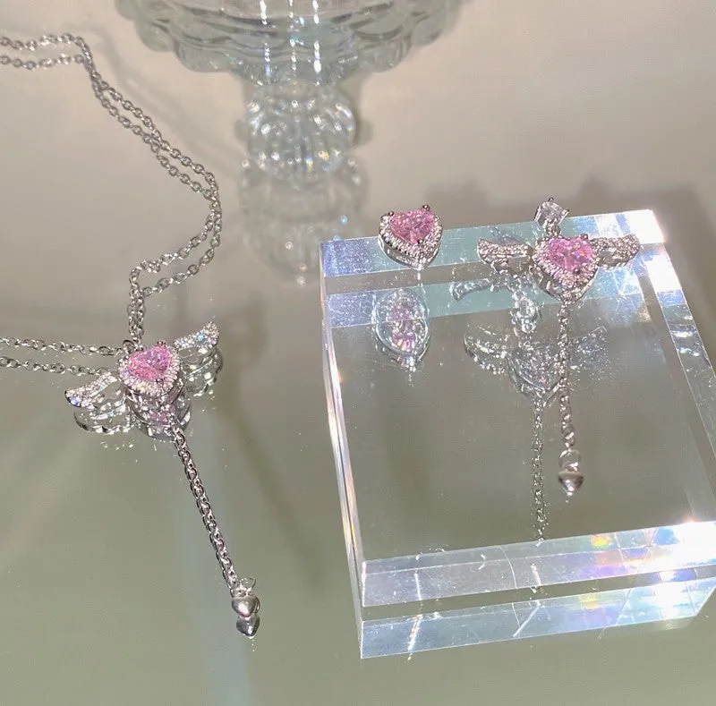 Moving Wings Pink Diamond Heart Gift Earrings Necklaces Pendants Set