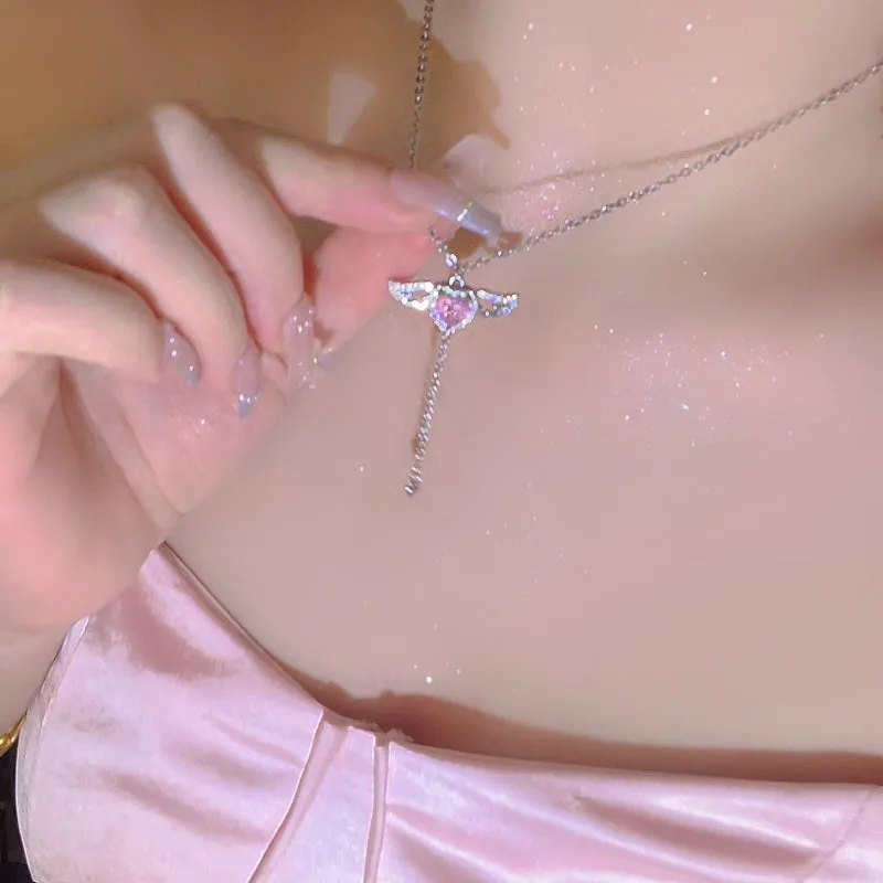 Moving Wings Pink Diamond Heart Gift Earrings Necklaces Pendants Set