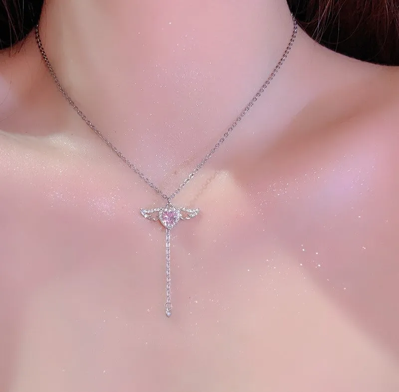 Moving Wings Pink Diamond Heart Gift Earrings Necklaces Pendants Set
