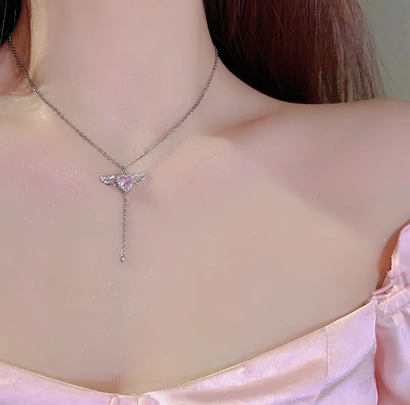 Moving Wings Pink Diamond Heart Gift Earrings Necklaces Pendants Set