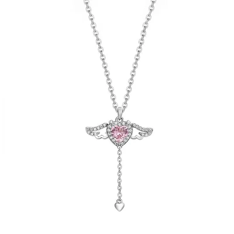 Moving Wings Pink Diamond Heart Gift Earrings Necklaces Pendants Set