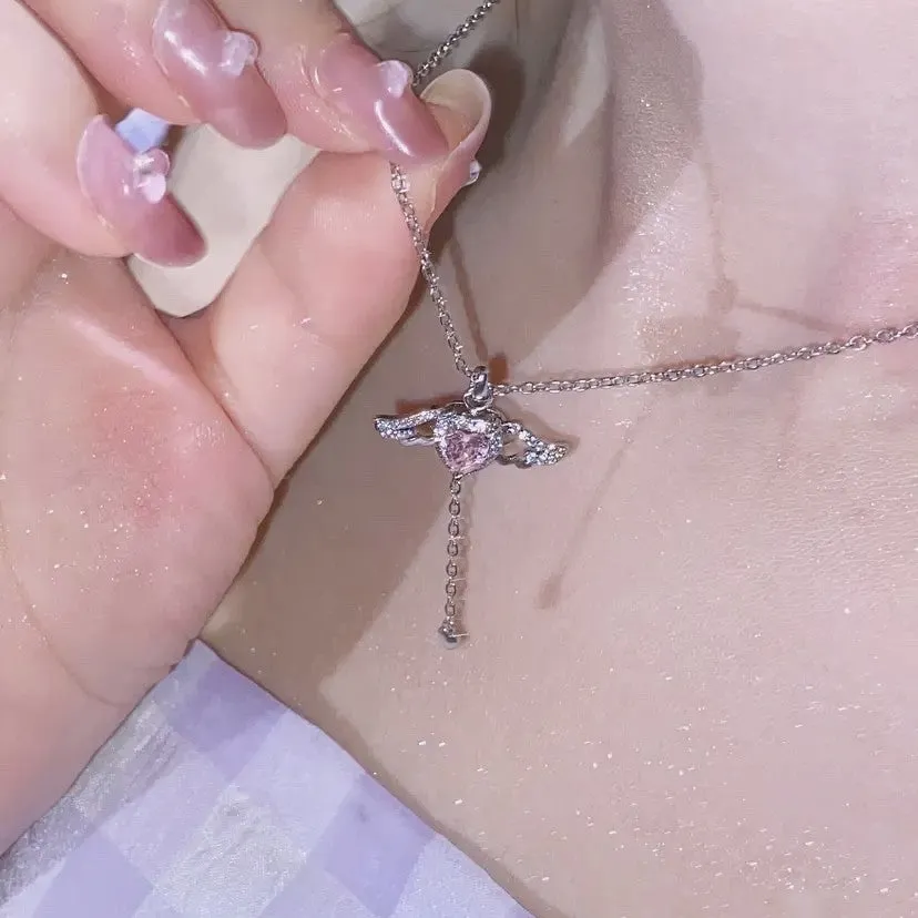 Moving Wings Pink Diamond Heart Gift Earrings Necklaces Pendants Set