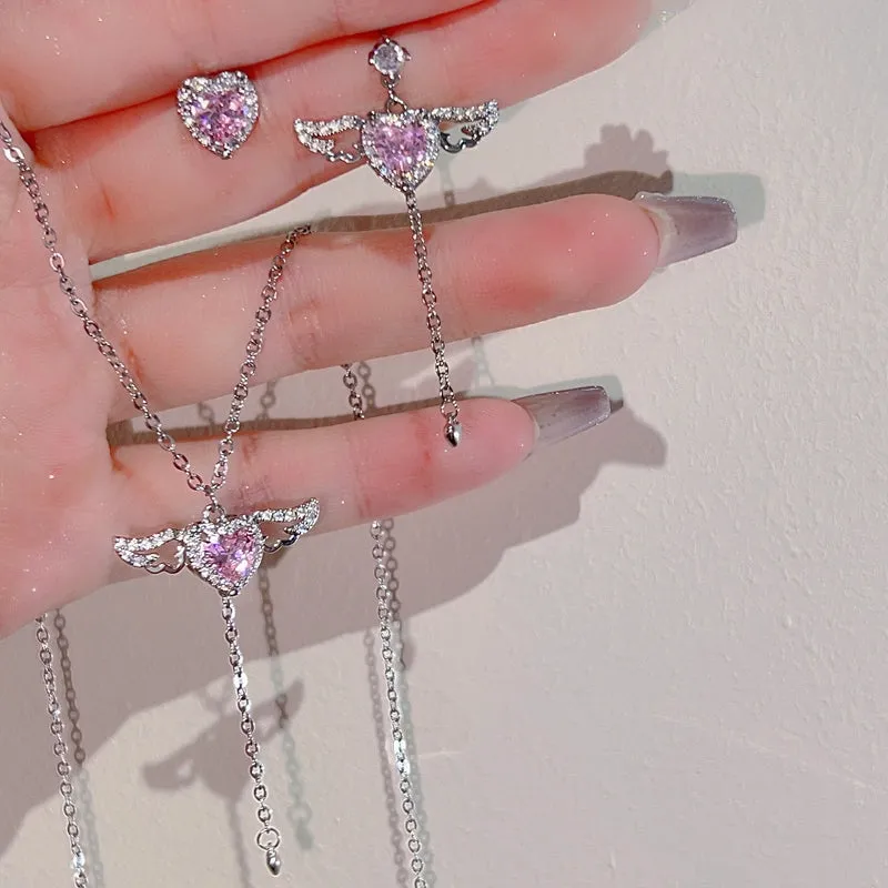 Moving Wings Pink Diamond Heart Gift Earrings Necklaces Pendants Set