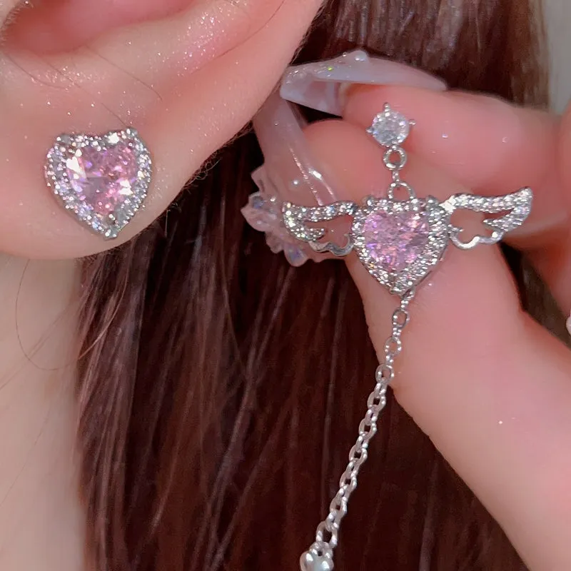 Moving Wings Pink Diamond Heart Gift Earrings Necklaces Pendants Set