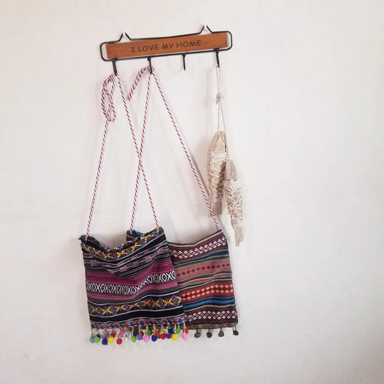 New Handmade Original Retro Storm Bohemian Canvas Bag Ethnic Style Fur Ball Tassel Crossbody Bag Shoulder Bag