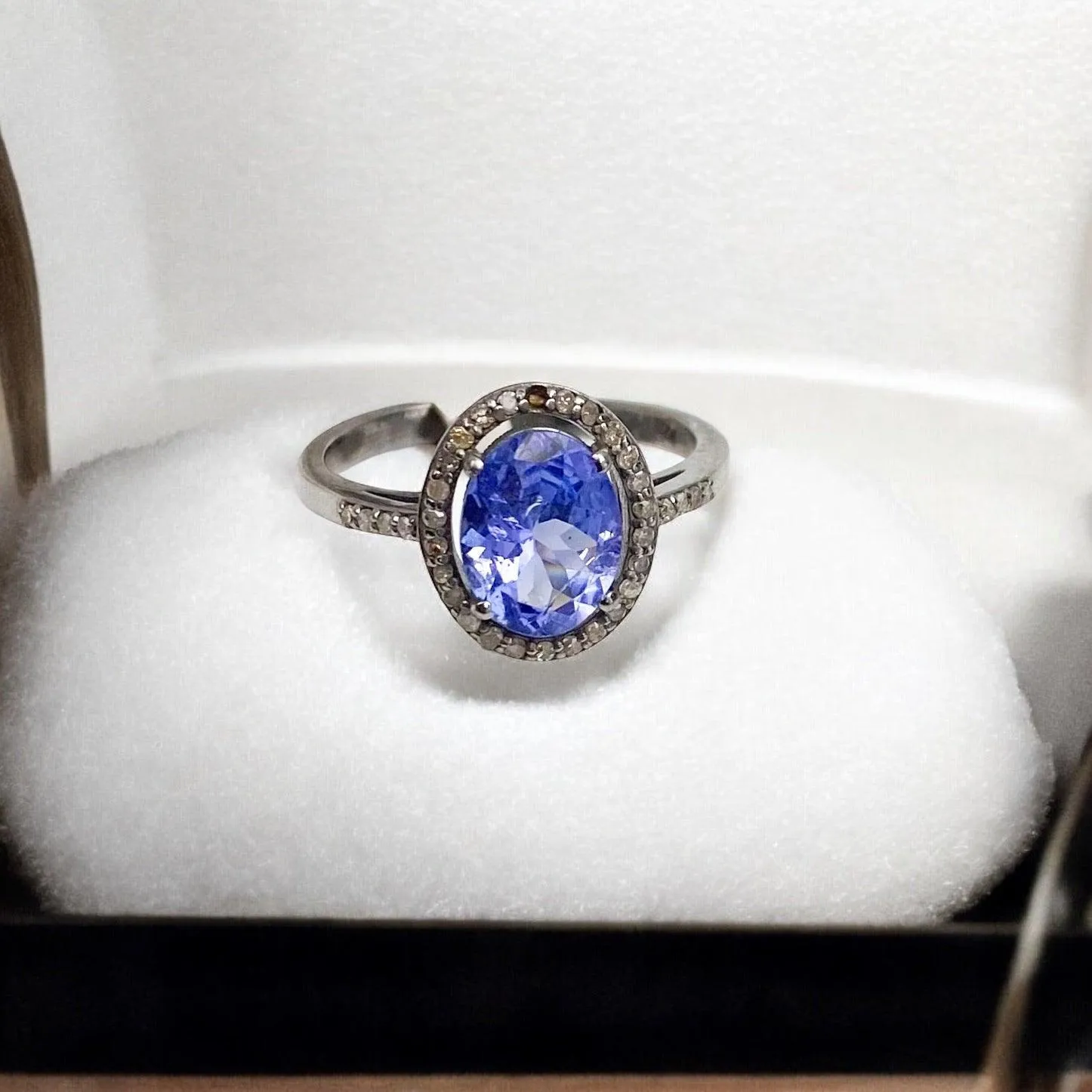 One-of-a-Kind Tanzanite & Diamond Ring in Silver (Size 7)