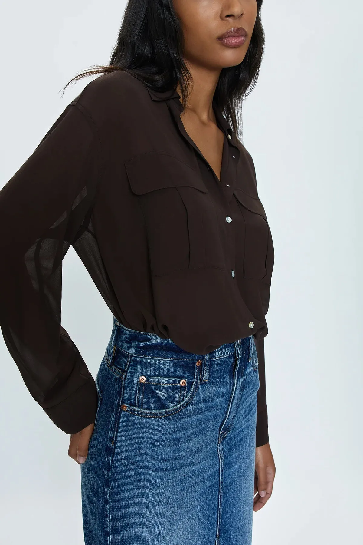 PIS Reese Sheer Button Blouse in Dark Roast Brown