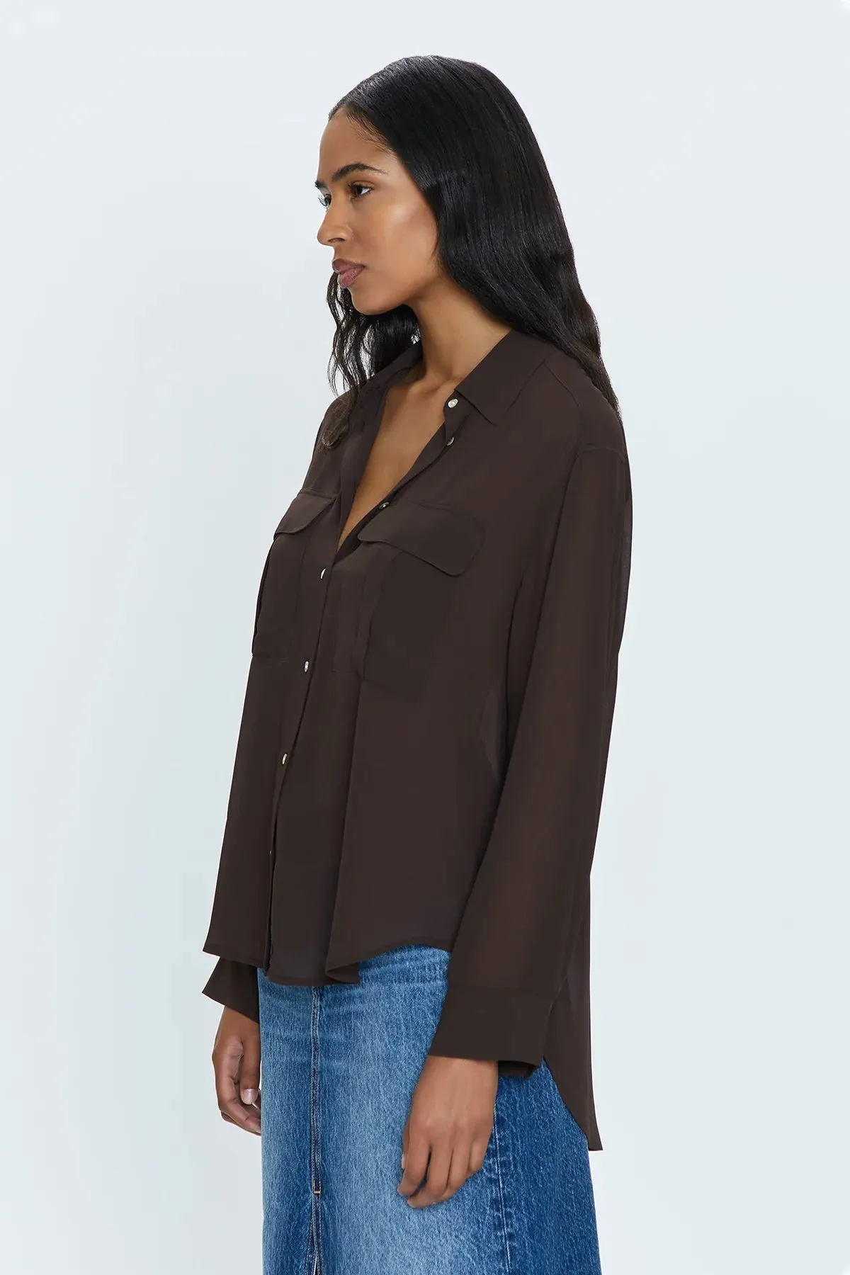 PIS Reese Sheer Button Blouse in Dark Roast Brown