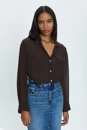 PIS Reese Sheer Button Blouse in Dark Roast Brown