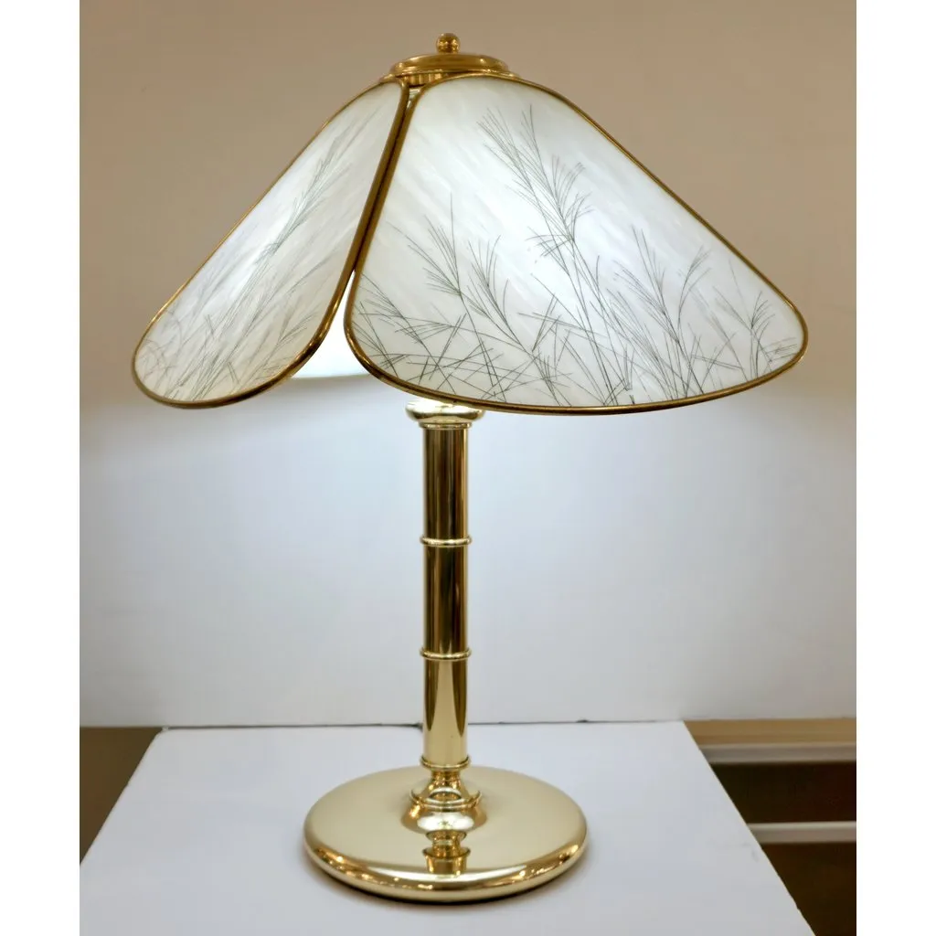Poliarte 1960s Italian Feather Reed Grass & Bamboo Decor White Glass Brass Lamp