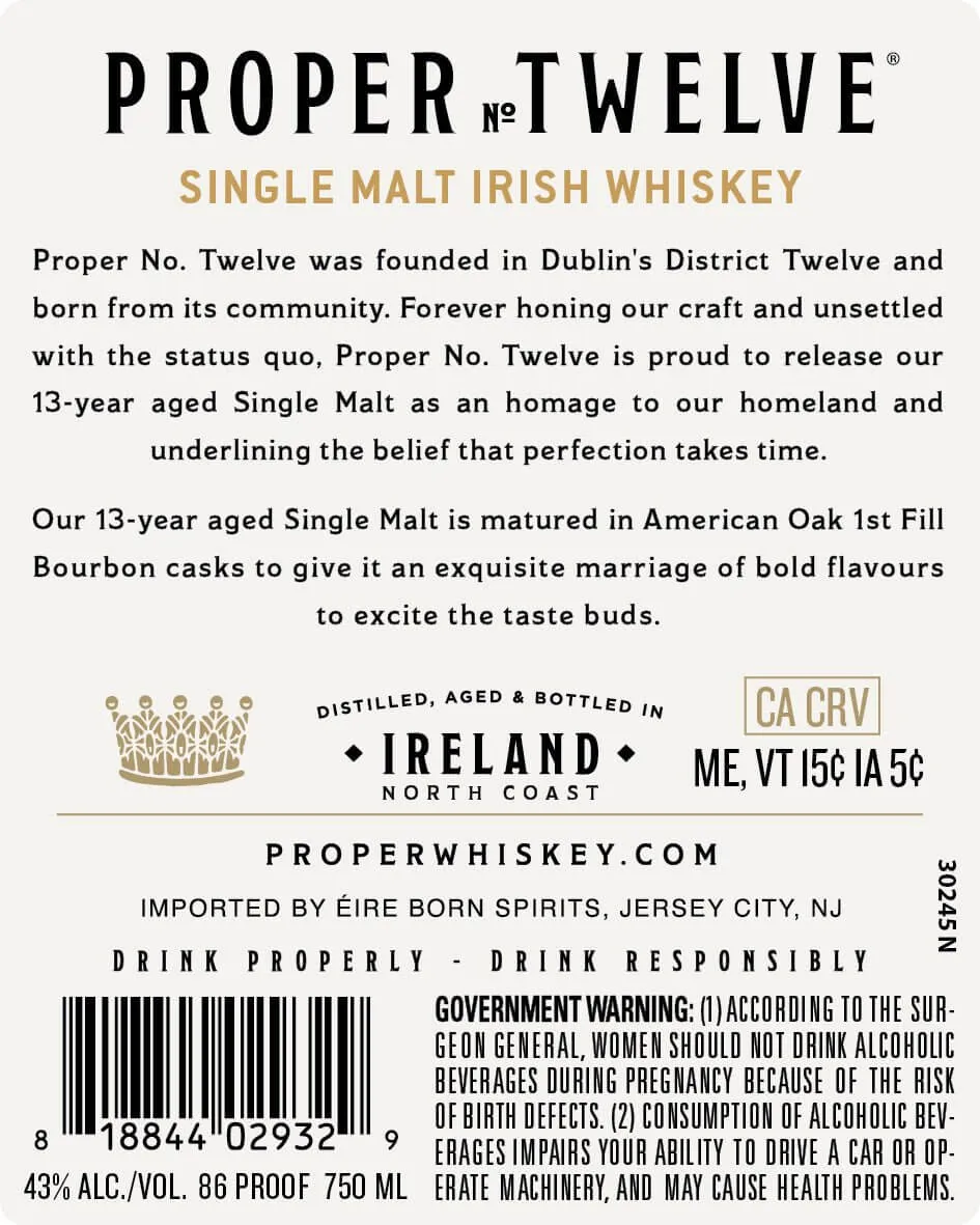 Proper No. Twelve 13 Year Old Single Malt Irish Whiskey Limited Release No. 01