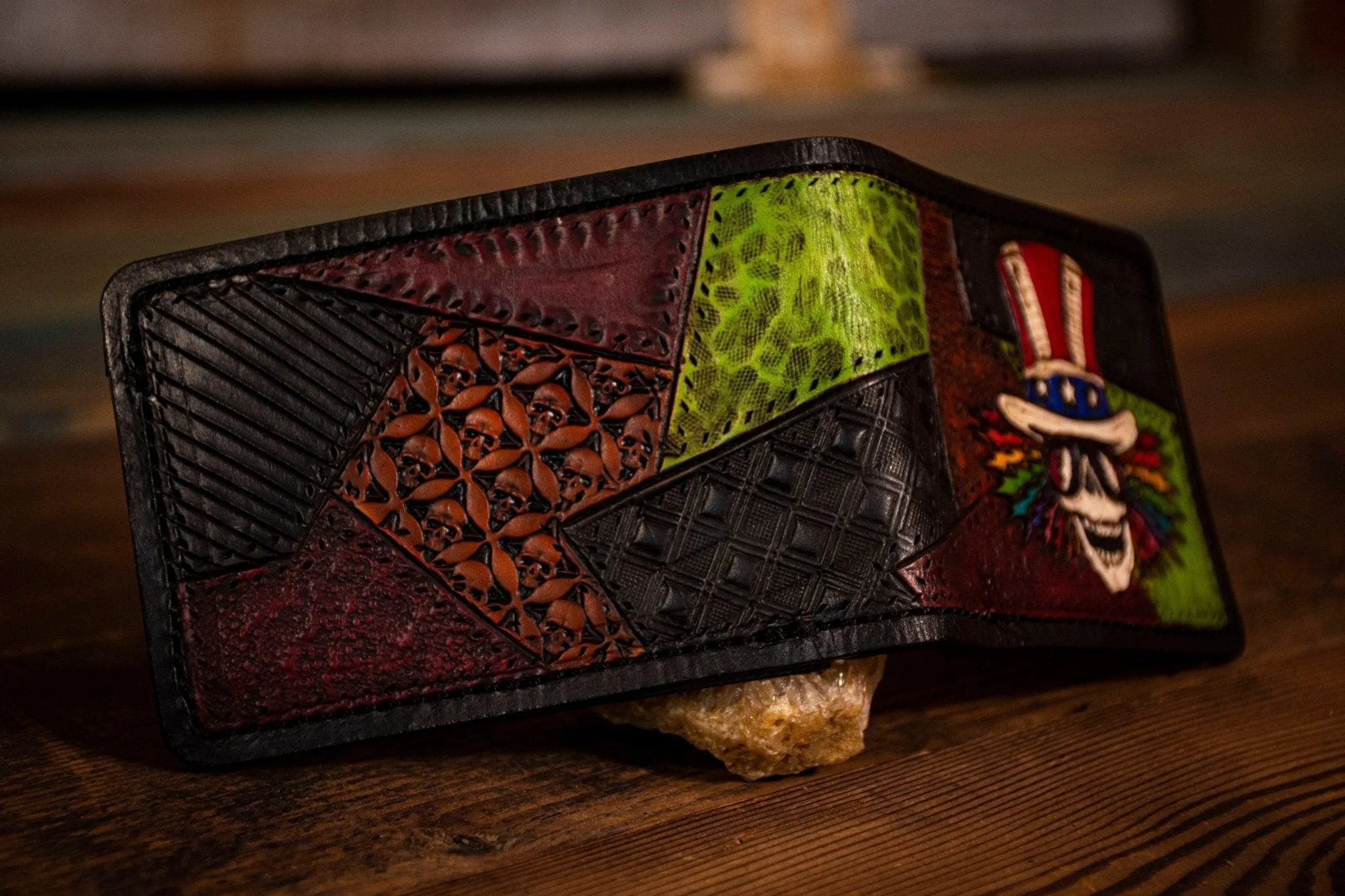 Psyche Sam Rainbow Dead Themed Patchwork Men's Hand Tooled Leather Wallet
