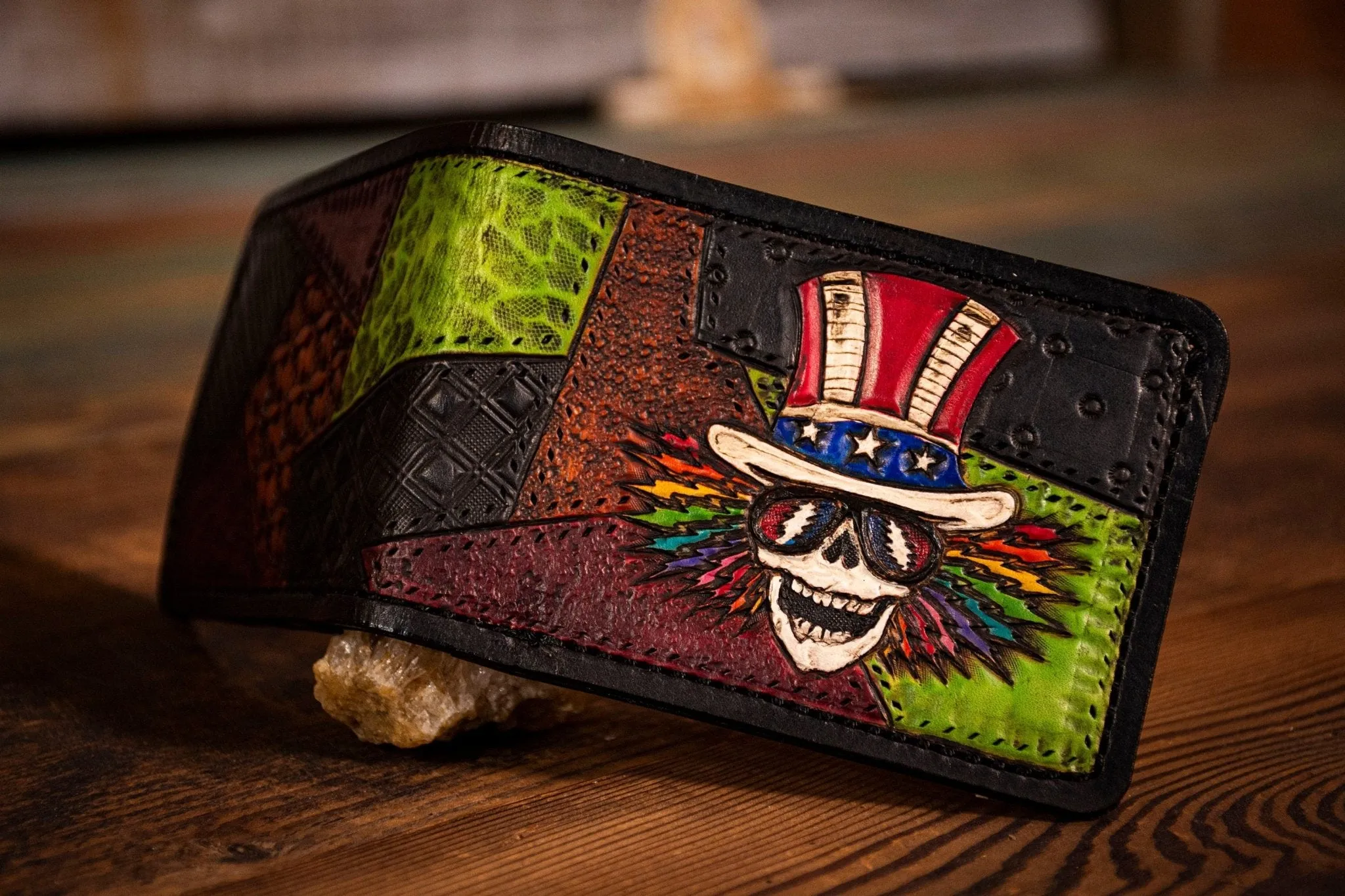 Psyche Sam Rainbow Dead Themed Patchwork Men's Hand Tooled Leather Wallet