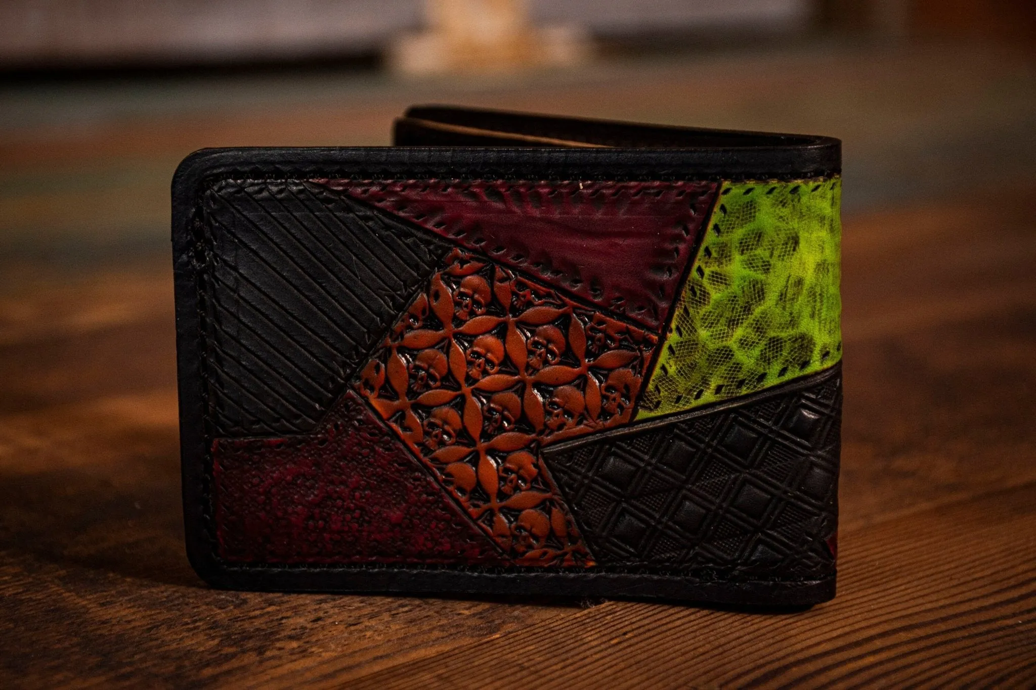 Psyche Sam Rainbow Dead Themed Patchwork Men's Hand Tooled Leather Wallet