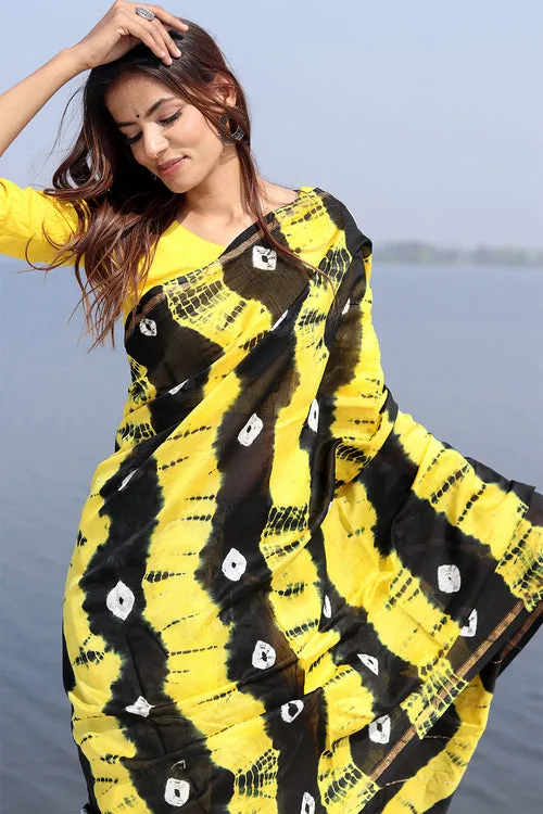 "Kaali Peeli" Bandhni Chanderi Saree