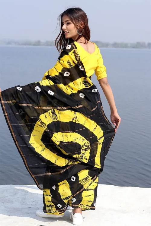 "Kaali Peeli" Bandhni Chanderi Saree