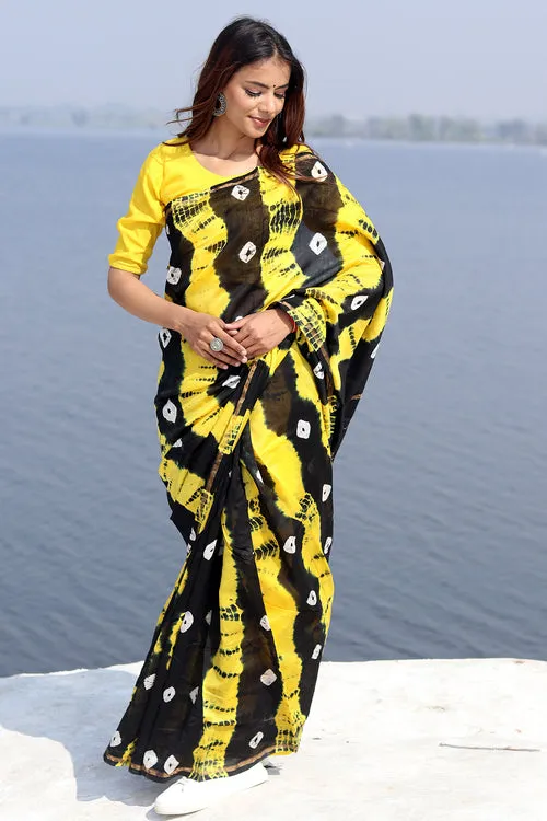 "Kaali Peeli" Bandhni Chanderi Saree