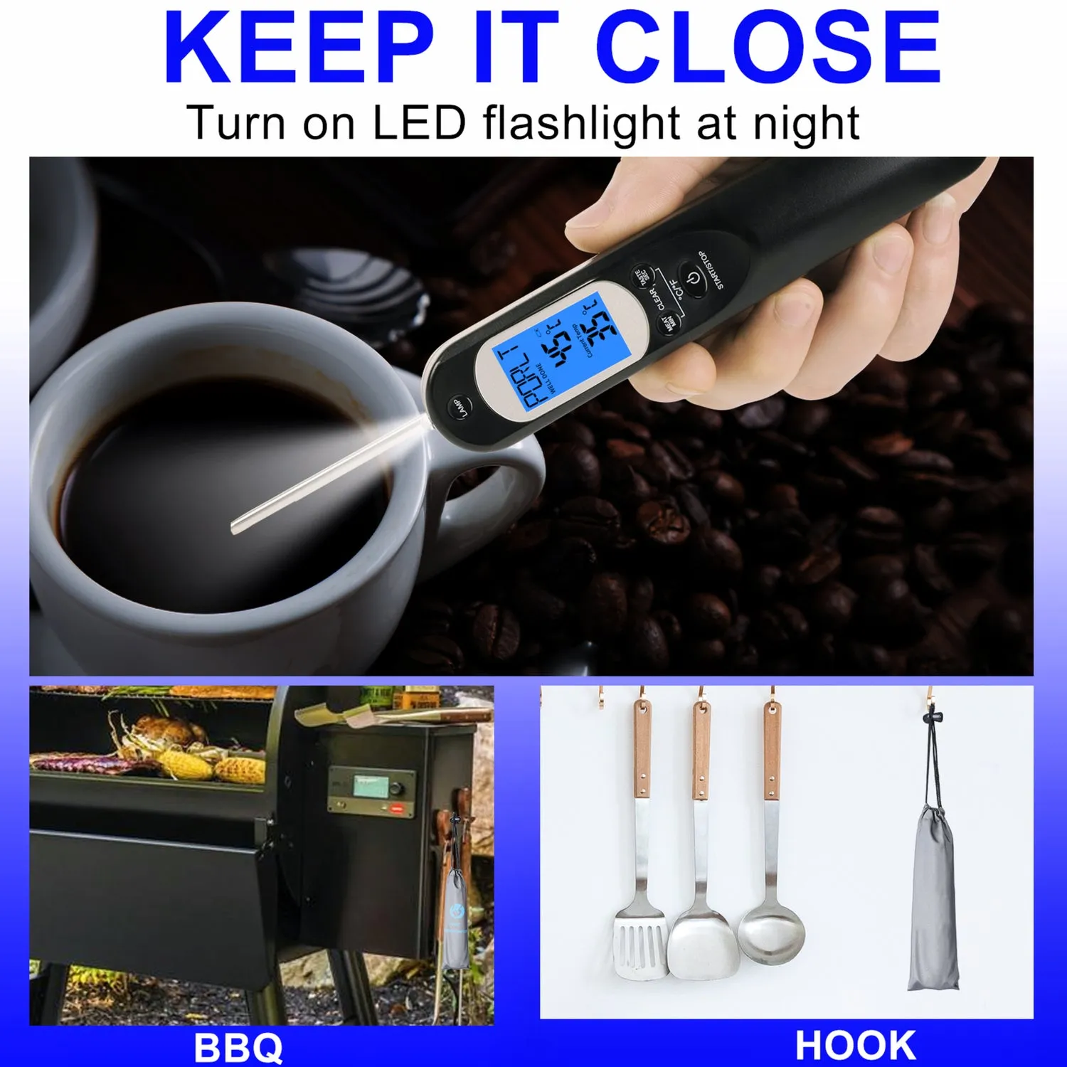 Rechargeable LCD Digital Meat Thermometer, Preset Temps