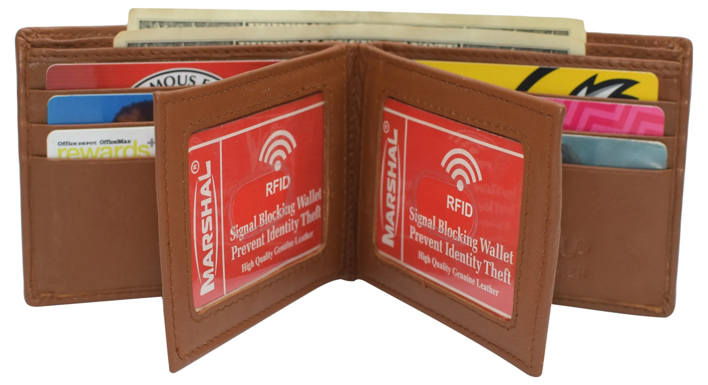RFID Blocking Men's Double Center Flap Bifold Genuine Leather Wallet 631852