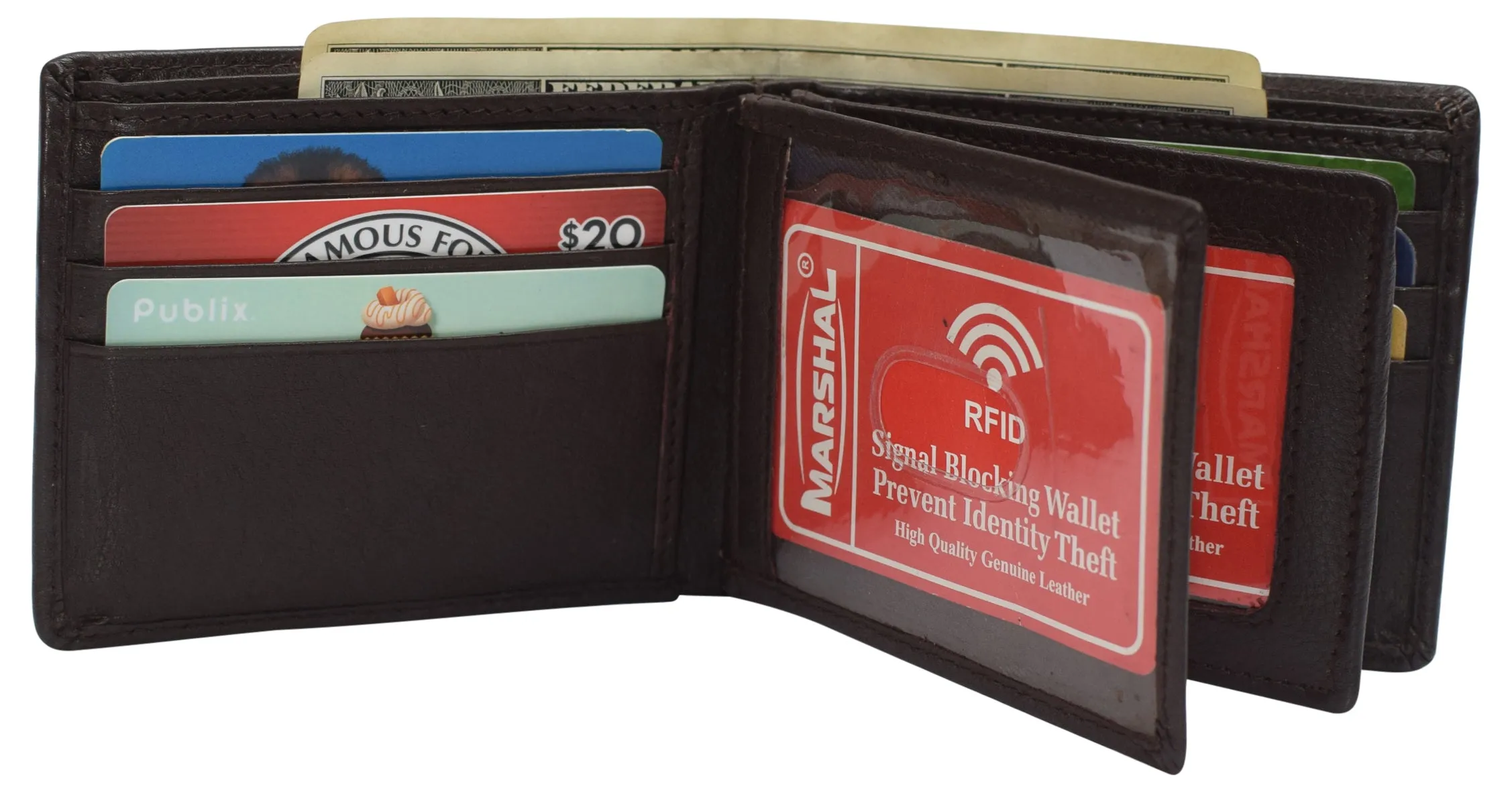 RFID Blocking Men's Double Center Flap Bifold Genuine Leather Wallet 631852