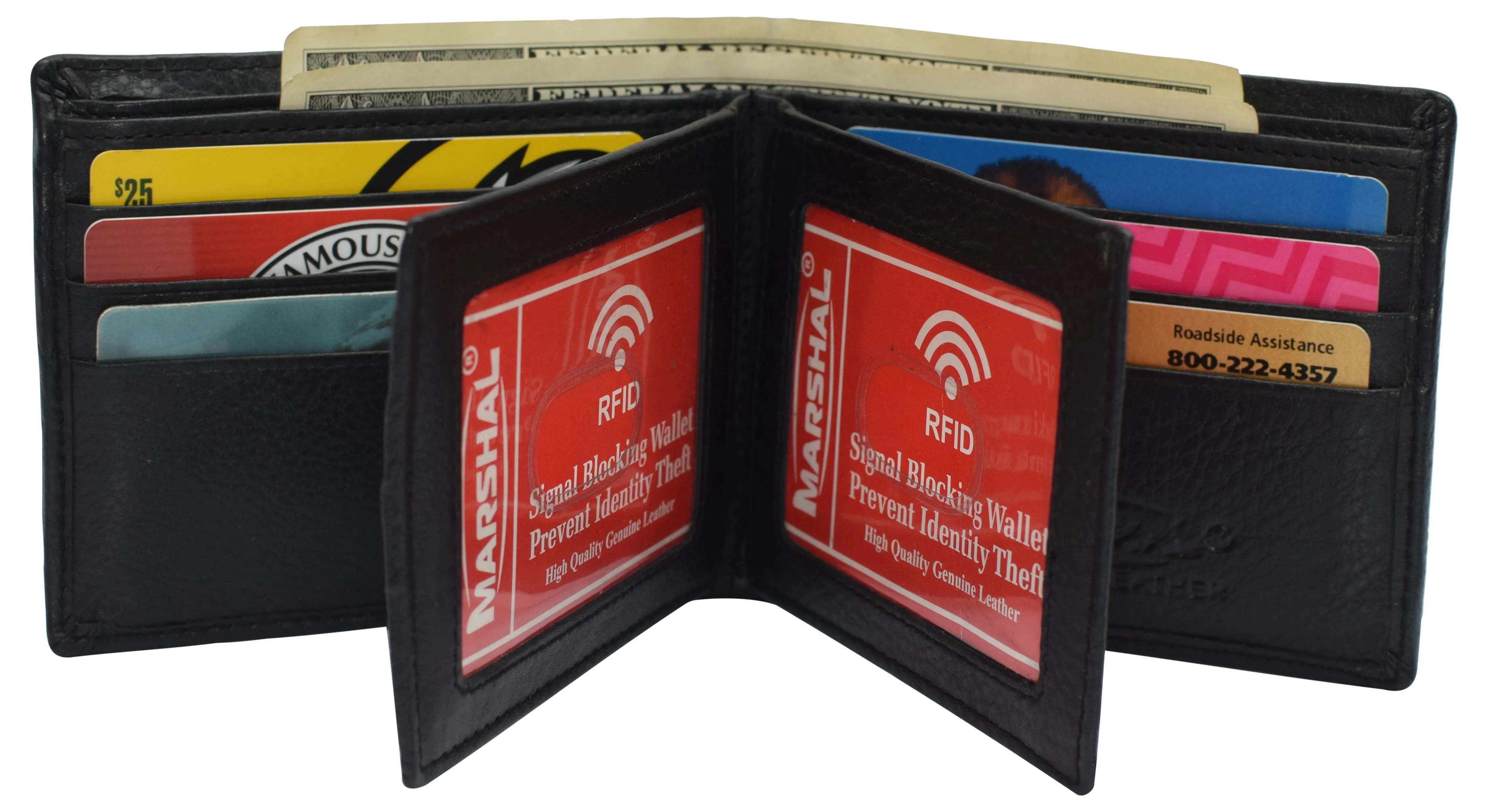 RFID Blocking Men's Double Center Flap Bifold Genuine Leather Wallet 631852