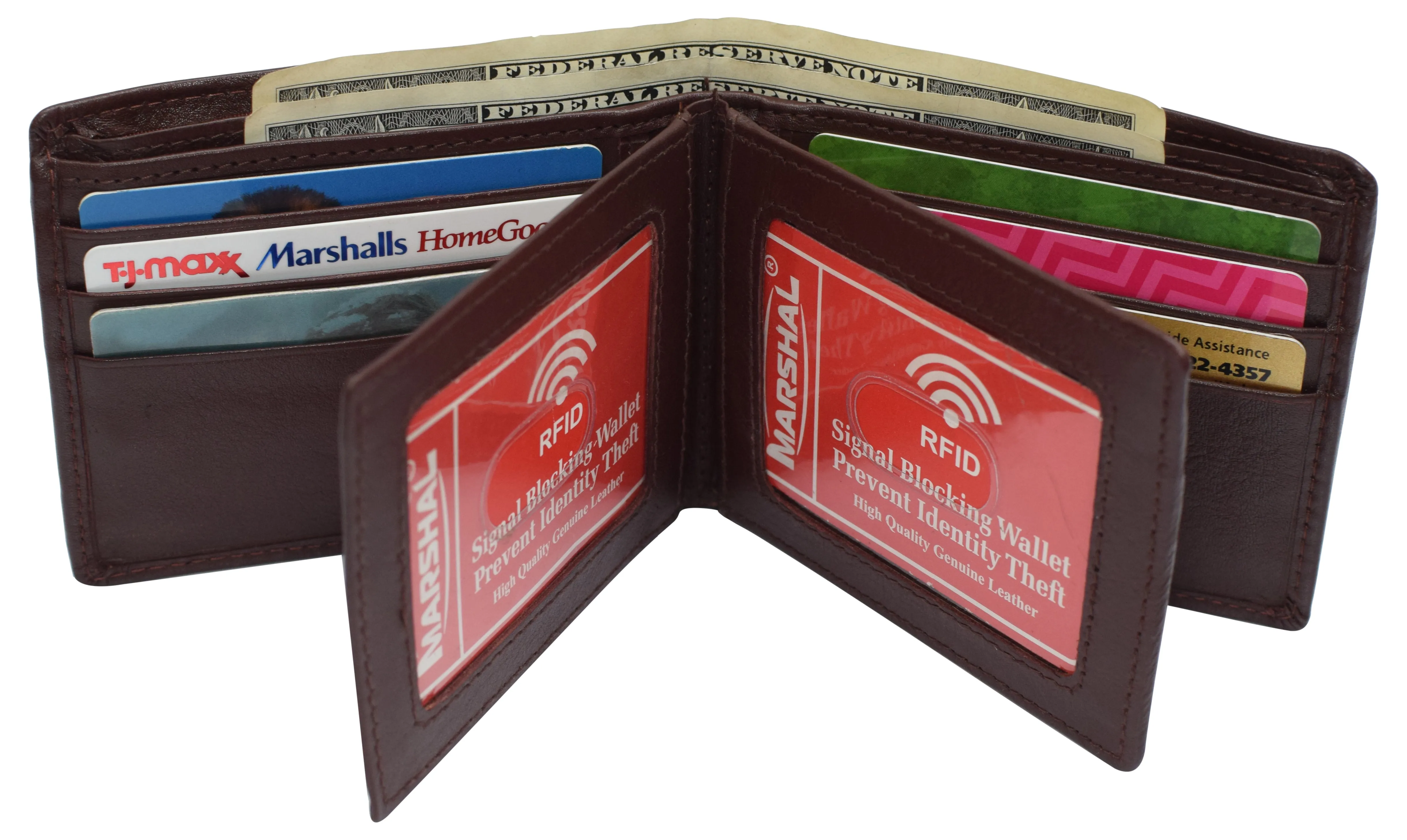 RFID Blocking Men's Double Center Flap Bifold Genuine Leather Wallet 631852