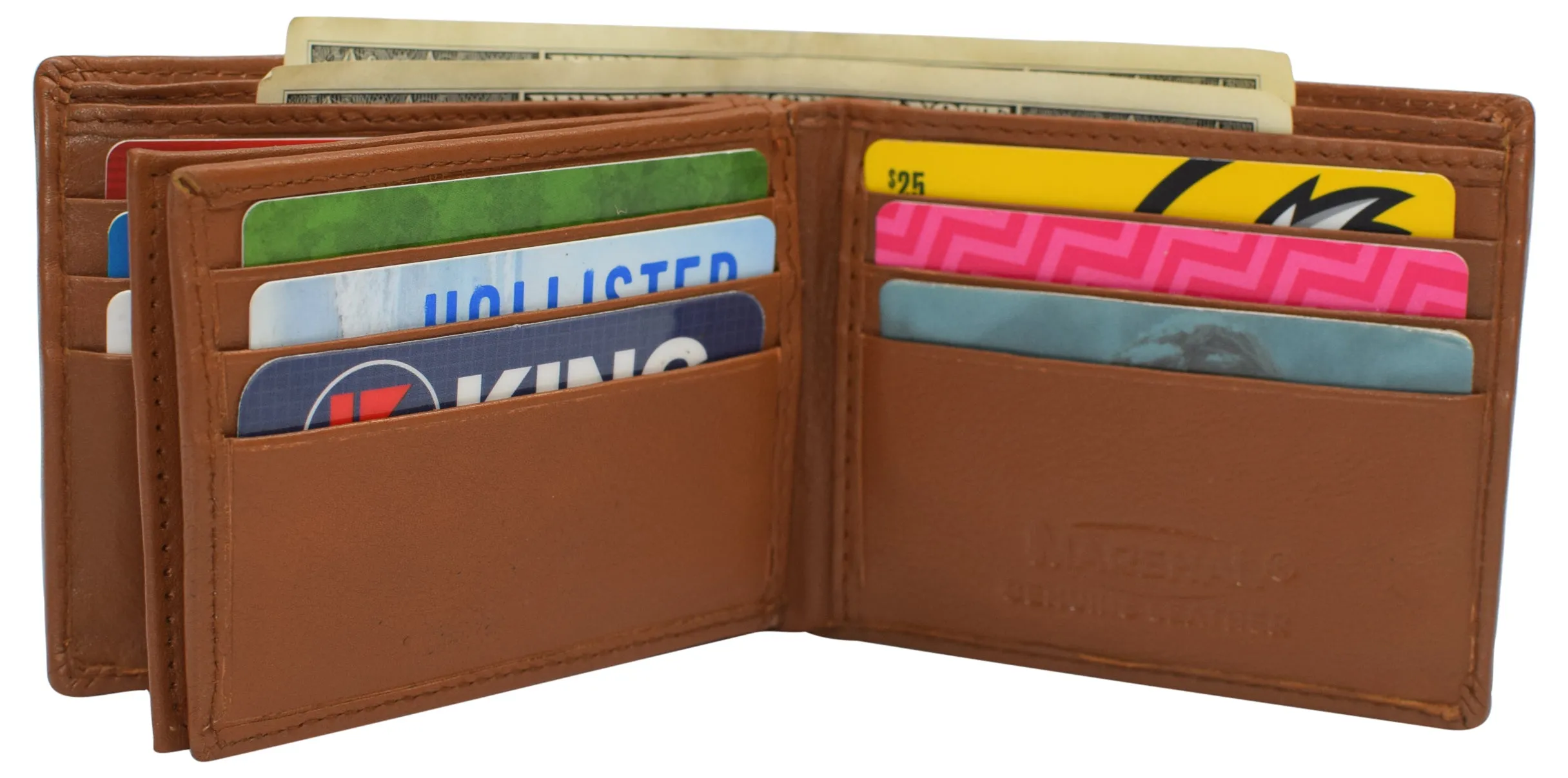 RFID Blocking Men's Double Center Flap Bifold Genuine Leather Wallet 631852
