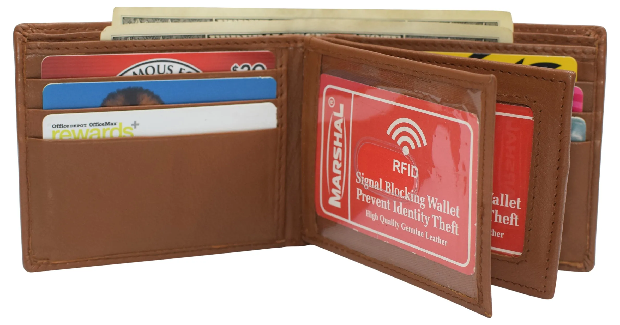 RFID Blocking Men's Double Center Flap Bifold Genuine Leather Wallet 631852