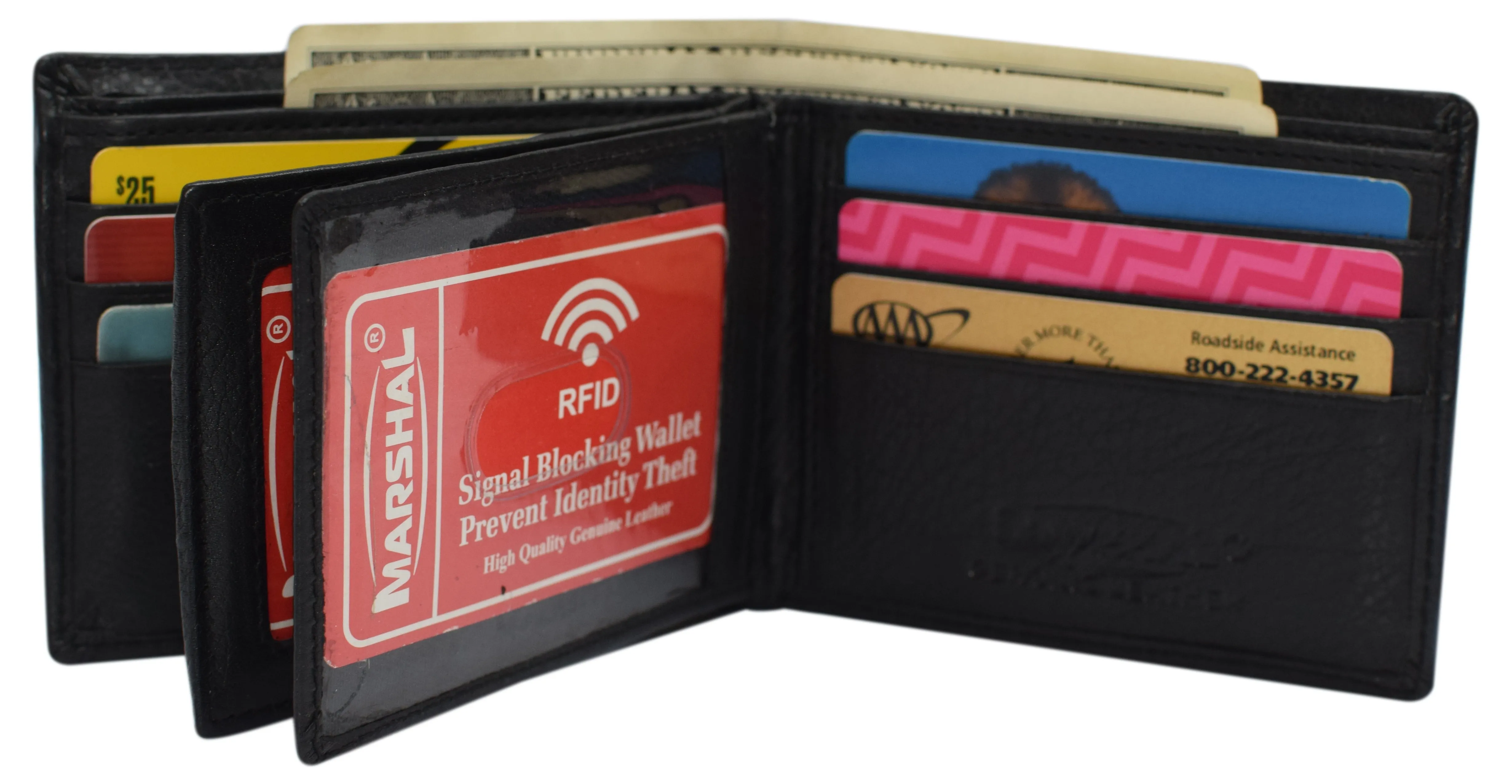 RFID Blocking Men's Double Center Flap Bifold Genuine Leather Wallet 631852