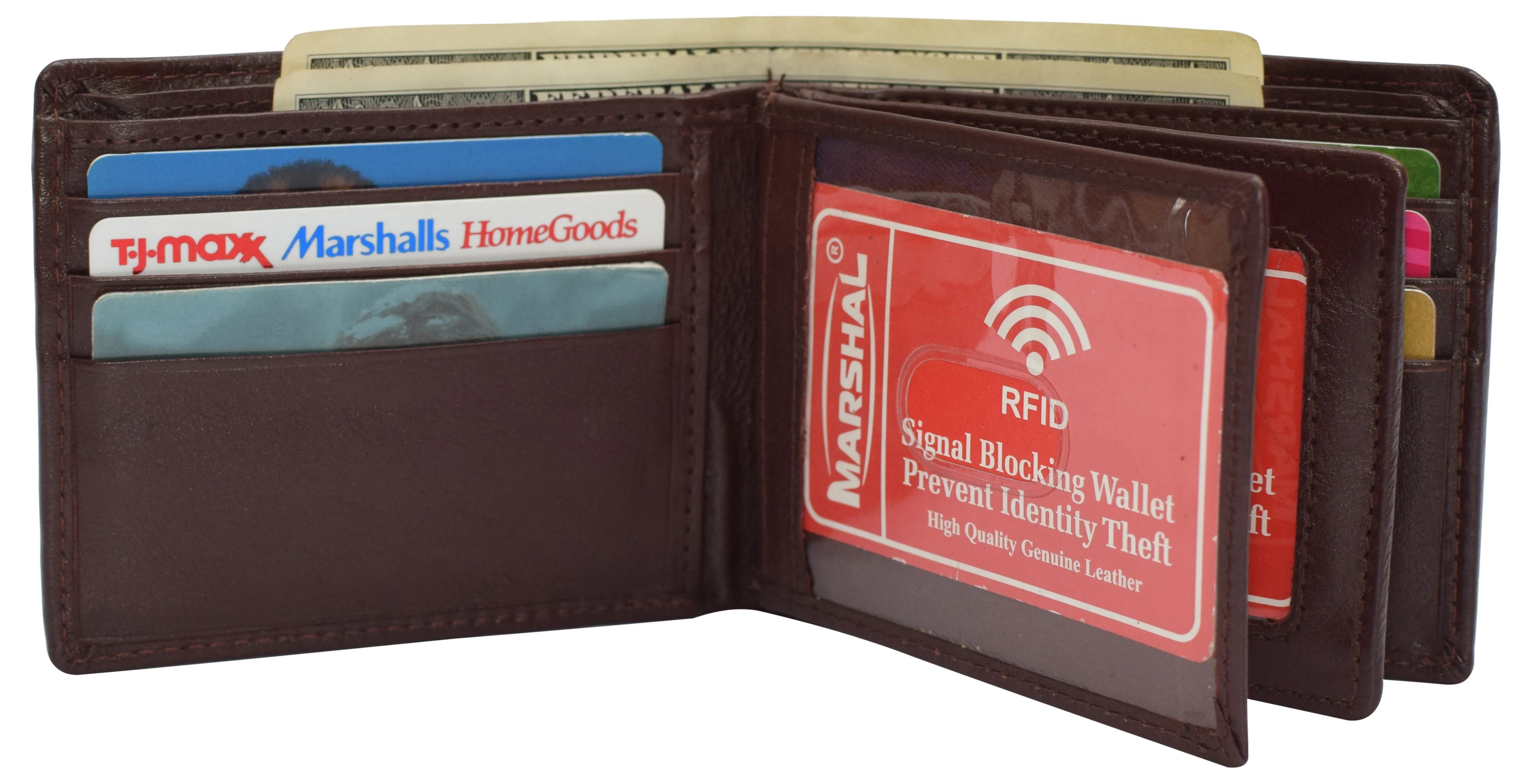 RFID Blocking Men's Double Center Flap Bifold Genuine Leather Wallet 631852