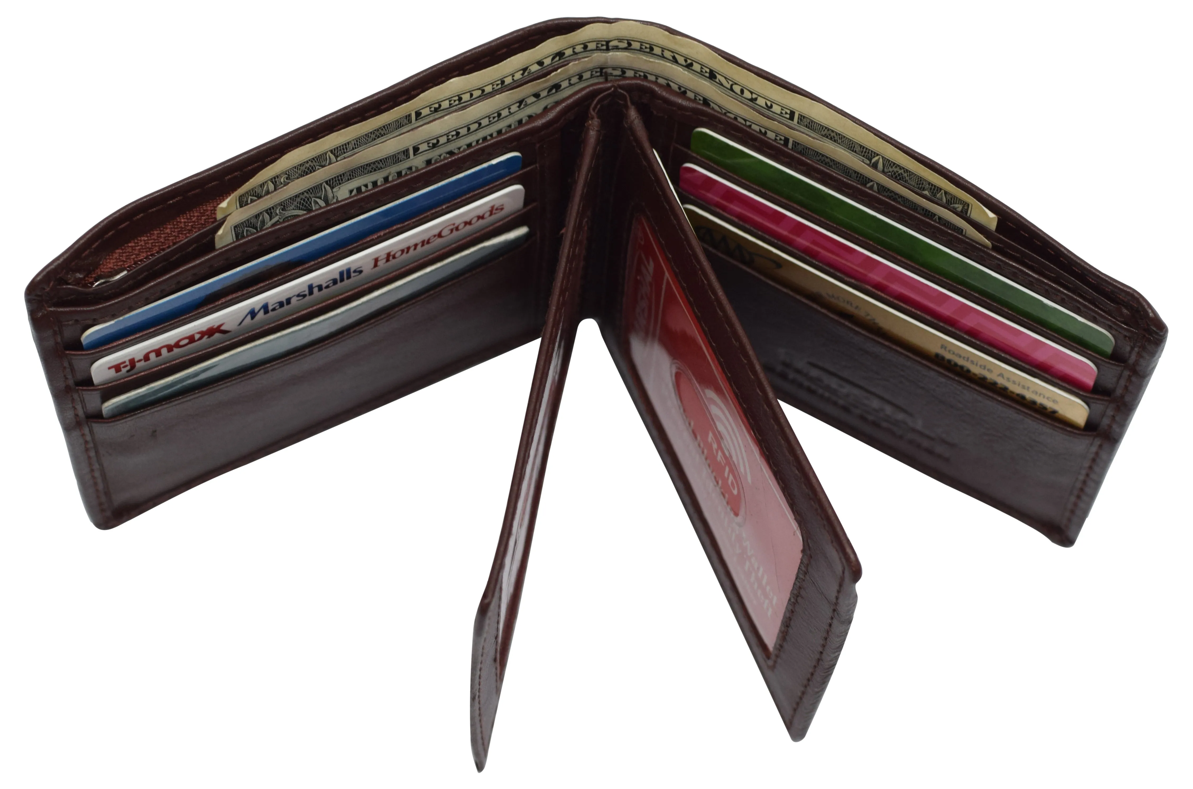 RFID Blocking Men's Double Center Flap Bifold Genuine Leather Wallet 631852