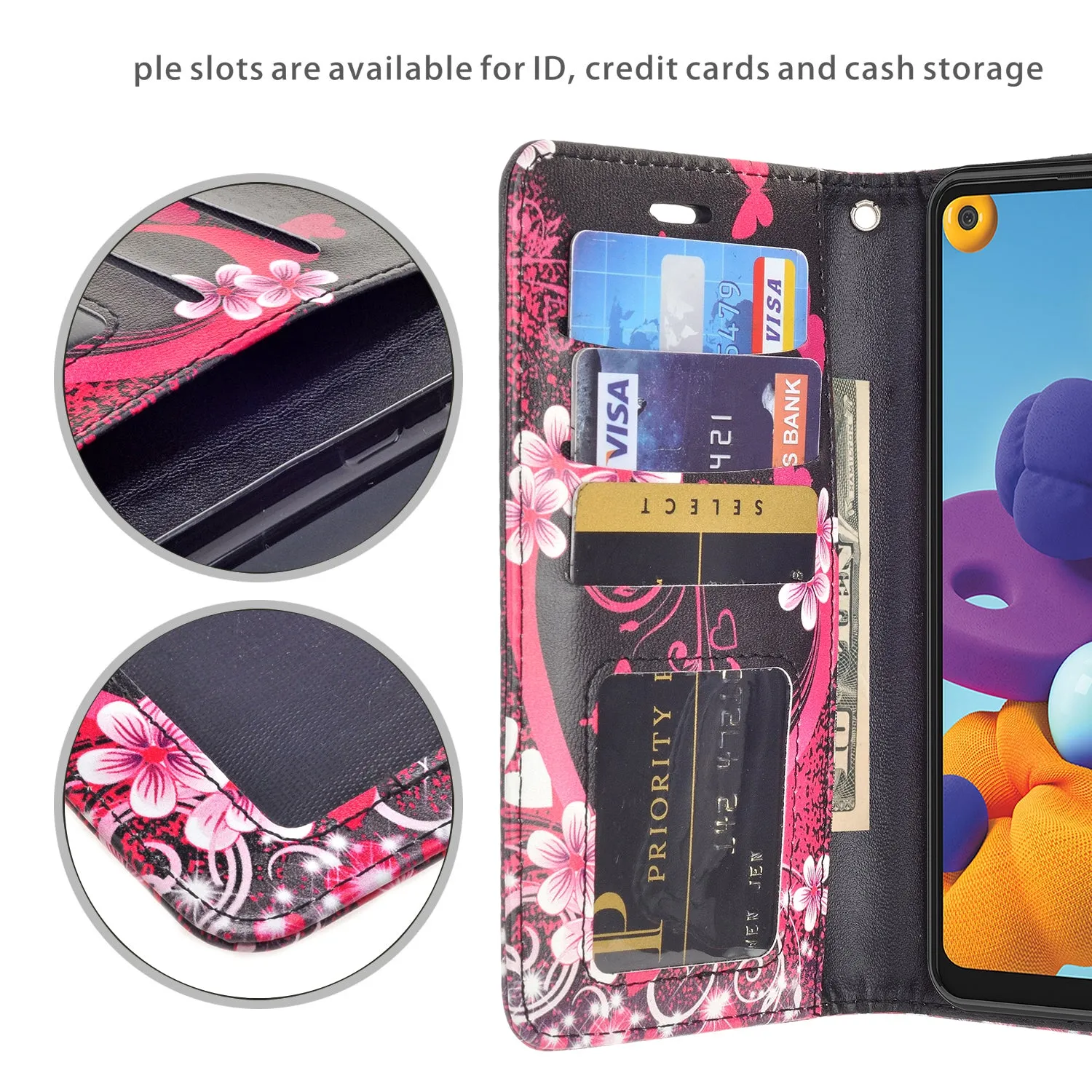Samsung Galaxy A21 Case, Galaxy A21 Wallet Case, Wrist Strap Pu Leather Wallet Case [Kickstand] with ID & Credit Card Slots - Heart Butterflies