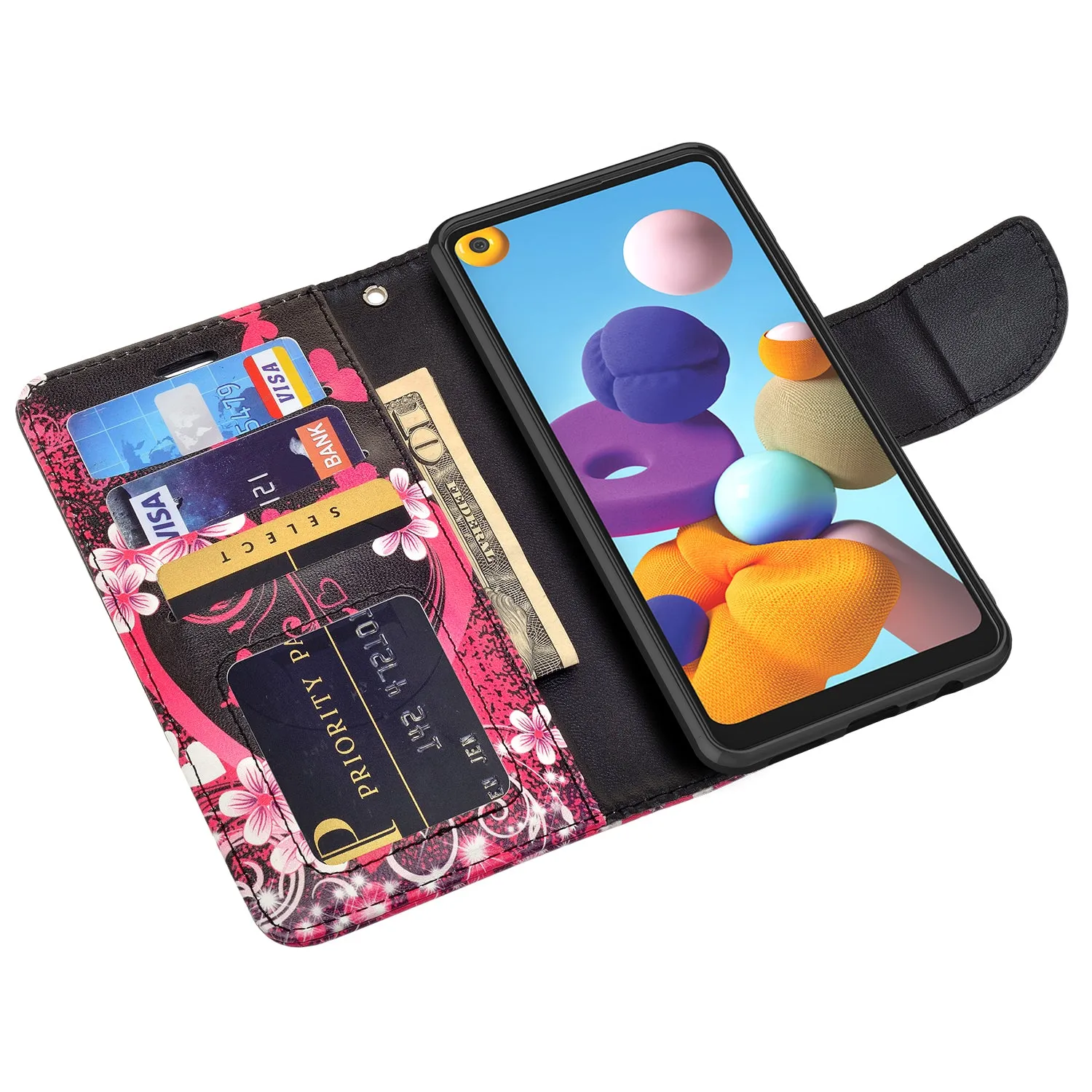 Samsung Galaxy A21 Case, Galaxy A21 Wallet Case, Wrist Strap Pu Leather Wallet Case [Kickstand] with ID & Credit Card Slots - Heart Butterflies